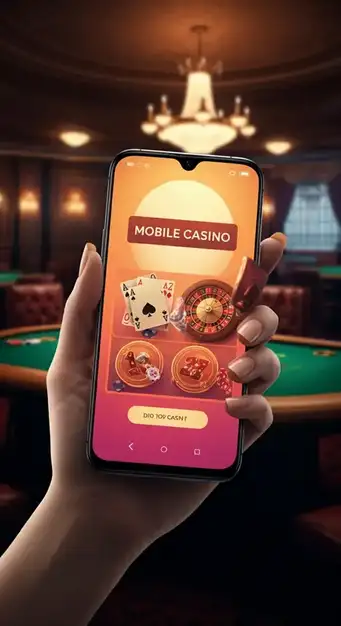 Een speler die op een smartphone de mobiele interface van Betsixty Casino gebruikt om een gokkast te spelen.